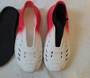 Red and White Slip-On Shoes.